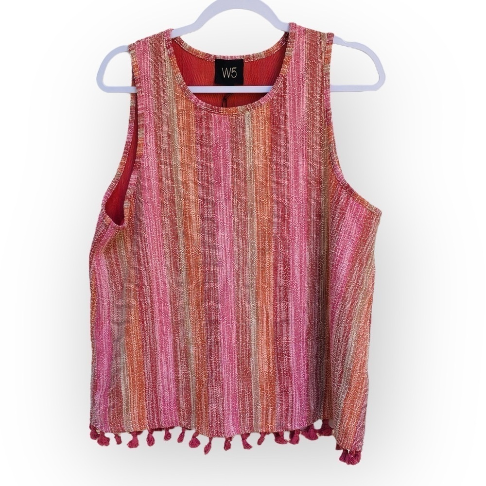 Anthropologie W5 Striped Pink Multicolored Tank Top with Tassels Size L